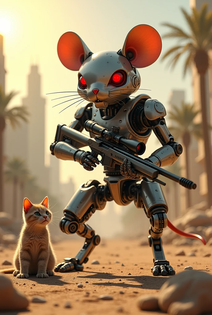 Evil robot Mouse stendup two legs in hand sniper rifle aem cat sun sad Dubai rodes