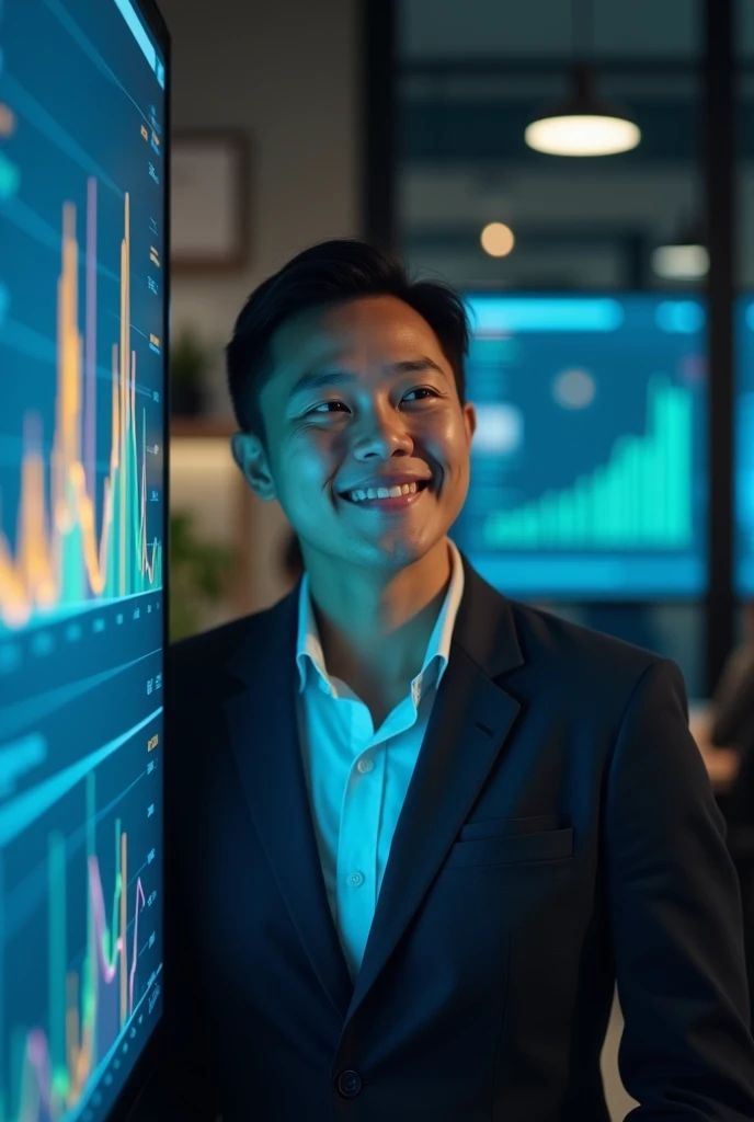 A person looking at a graph with a satisfied smile.