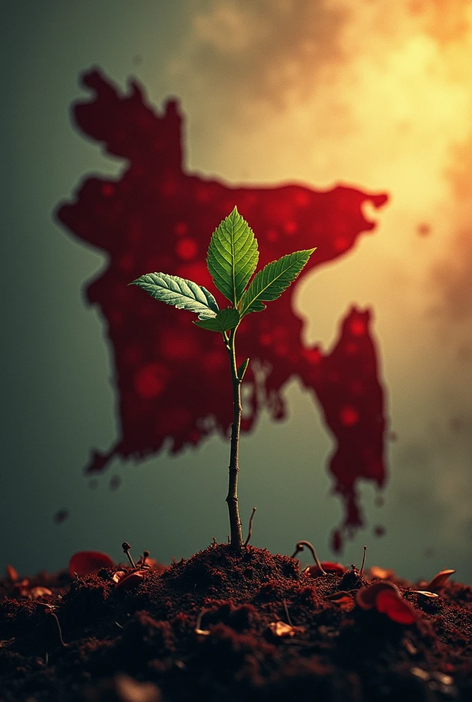 From the left side, the bloody map of Bangladesh is covered with blood on a tree sapling, and on the right, sunlight is falling on the sapling.