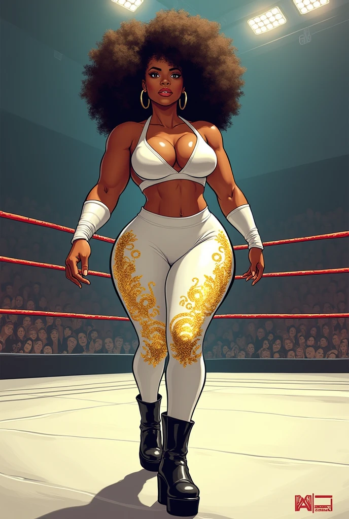 a comic version of a chocolate skinned heavily built cute petite curvy lady with double afro puffs as her hairstyle, clad in a snow white strapped crop top, white sleeves with golden glittery swirls on it and her snow white high waist leggings with more golden glittery swirls and black ankle high platform booties, sashaying straight to the ring in a wrestling arena smiling broadly