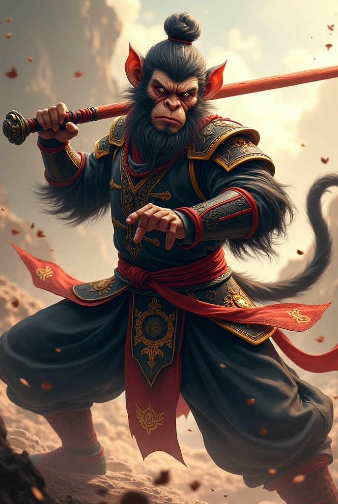 sun wukong\(journey to the west,half-human cat, dressed in Lu Bu\(three kingdoms\) Black Light Armor\) holding a simple large red wooden stick, in a fighting stance, on top and looking down, Bottom view, Ancient China