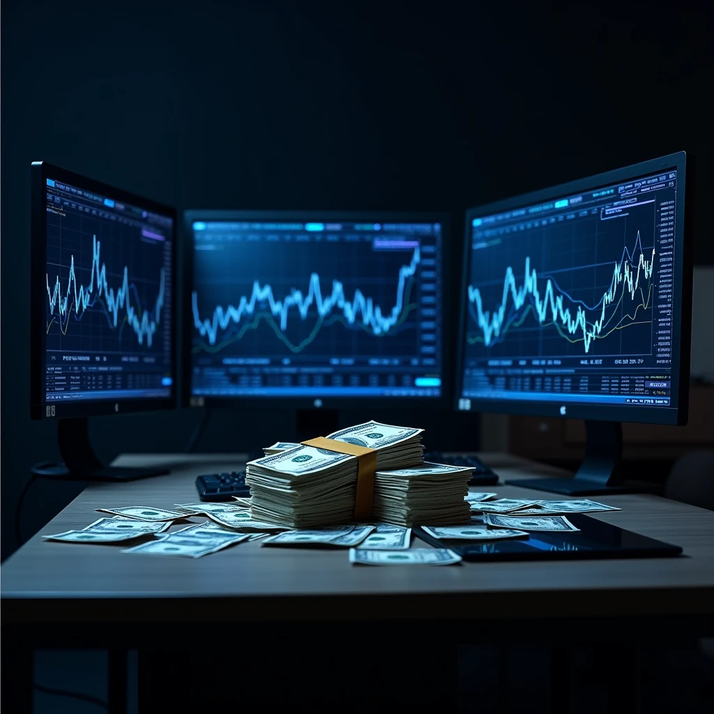 On the table are 3 computer monitors with blue and gray Forex charts open, and there is a pile of money in the picture.