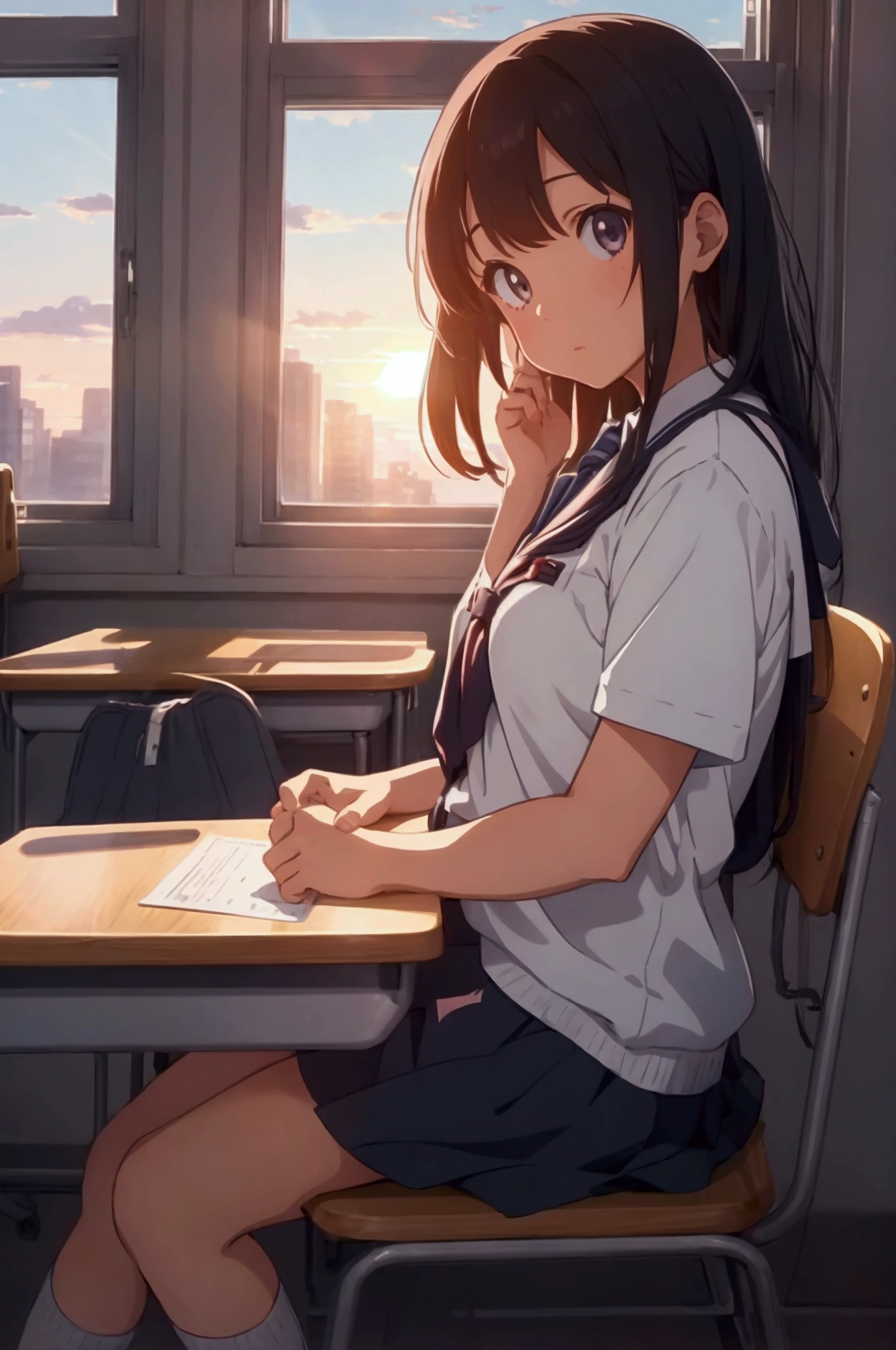 school, big Alan a girl at a desk, a girl sits at a desk and leans her head on the desk on the side of the window, she looks towards the window, sunset outside, the sun's rays enter the classroom, anime style, ghibli