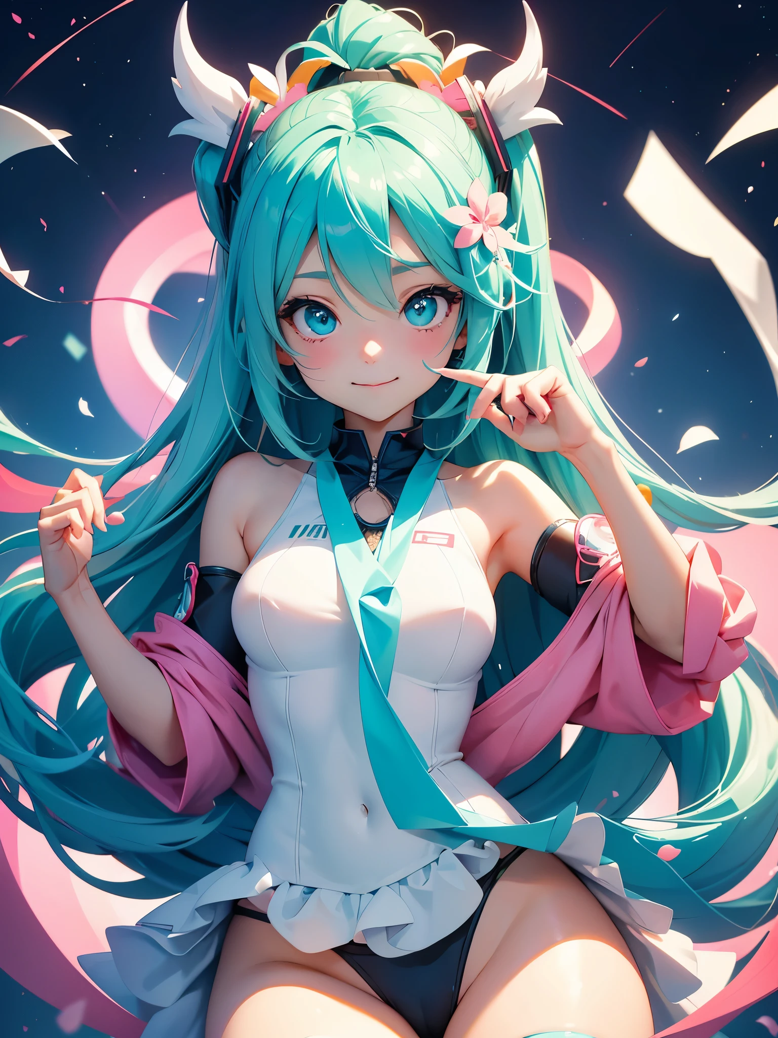 (anime-style cute face)、Hatsune Miku,Highest quality, ((Sharp details)), (8k, RAW Photos, Highest quality, masterpiece), (looking at the camera),Cute Smile、Very big eyes、anatomically correct body、Big thighs、Muscular woman、The face is bright、Professional Lighting、Cute little breasts、Emphasis on the chest、(Swimsuit:0.8)、Shake it up、