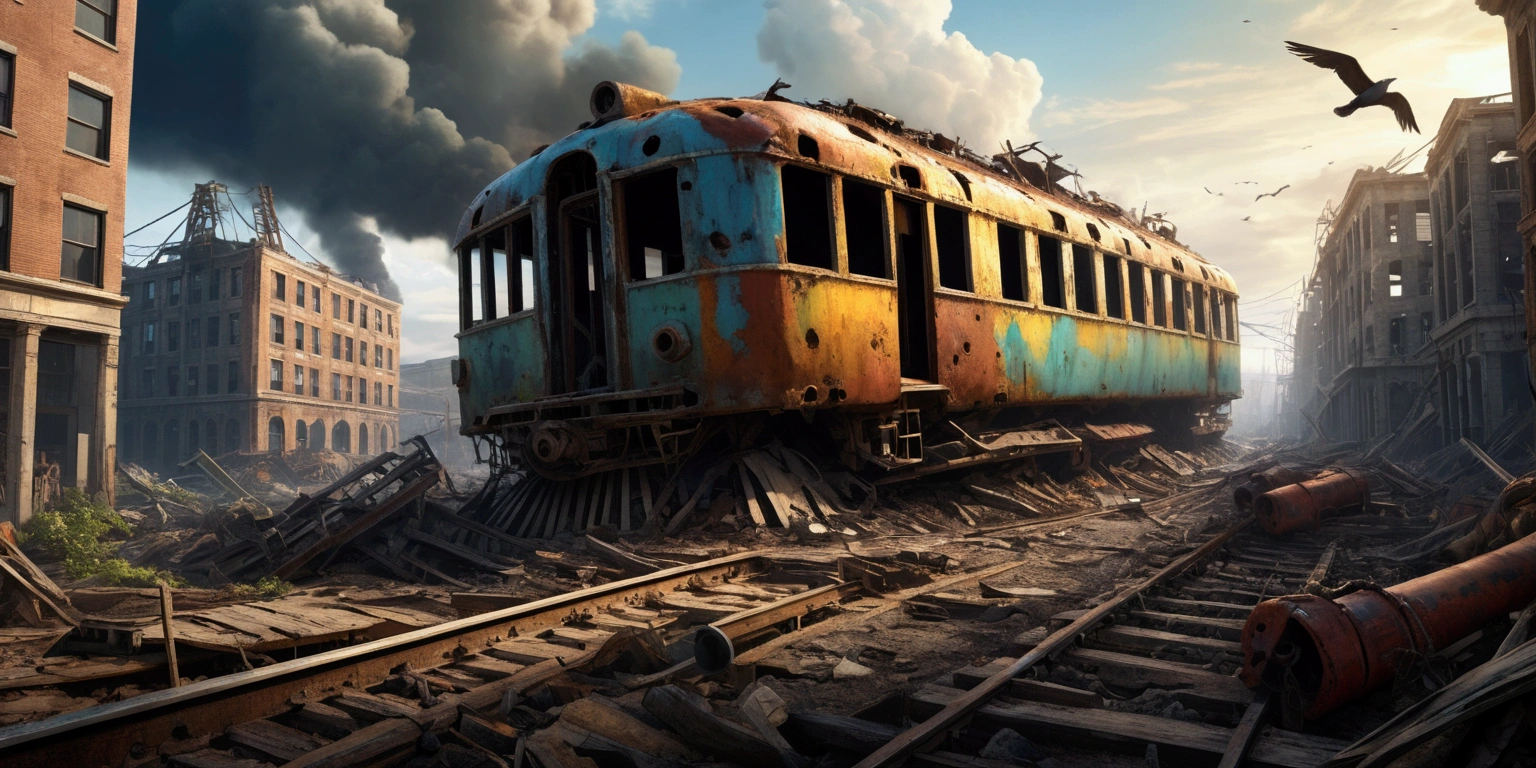 quality, city in apocalypse, survivor character, very, shipwrecks uta, train wreck, tromy, few birds in the sky