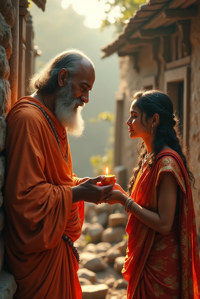 3D AI IMAGE create "A heartwarming scene where Guru Matsyendra Nath blesses the woman with prasad, offering her hope of a son. The woman’s tearful face reflects both hope and doubt. The setting should be rustic a