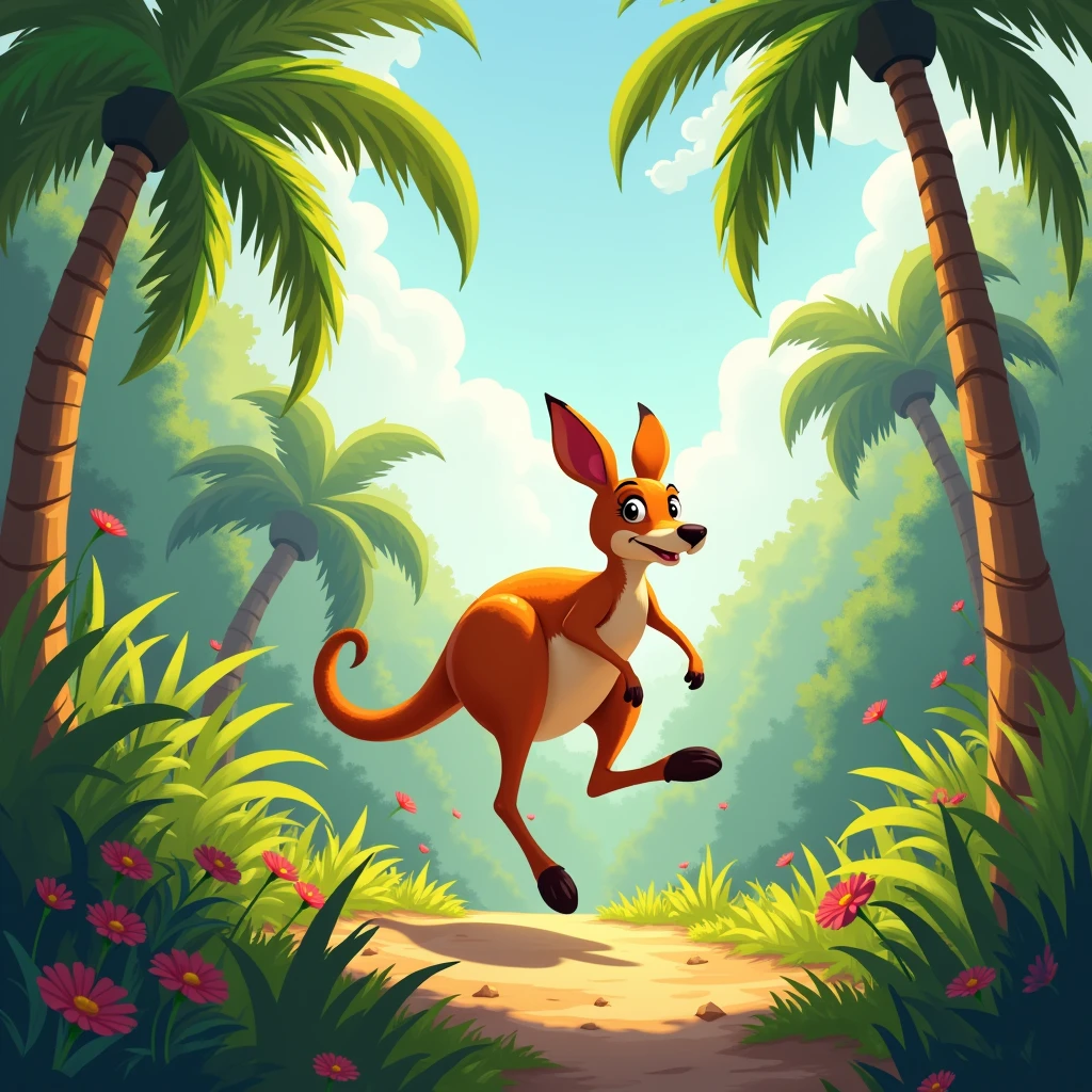 sunny day, a kangaroo happily hopping in the jungle