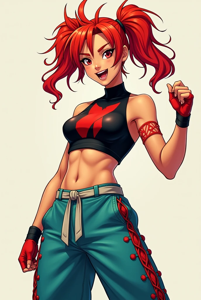 The character is a young woman with a vibrant and energetic pose. She has spiky, bright red hair styled in high ponytails that give her a dynamic look. She wears a black cropped top with a red design on it, revealing her midriff. Her pants are loose and teal, with red laces on the sides near the bottom, giving them a distinct, stylish appearance. Around her waist, she has a light grey belt that hangs down, adding to her adventurous and active persona. Her expression is confident and excited, suggesting she is ready for action or a challenge.