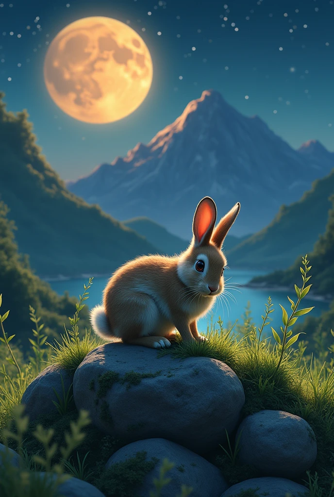 Make a rabbit that is eating grass on top of a rock and in the background a mountain and the night sky with bright stars and an orange moon 