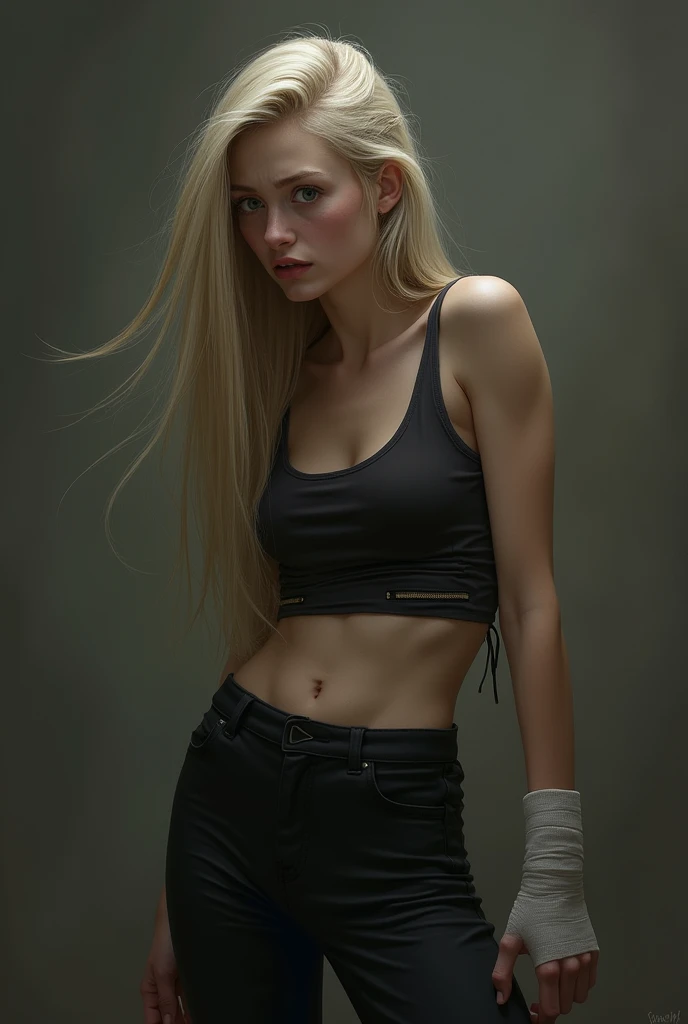 A beautiful slim girl with long blond hair. Dziewvzyna ma czarne spodnie i top. The girl has a bandaged hand. Her face shows fear and pain..