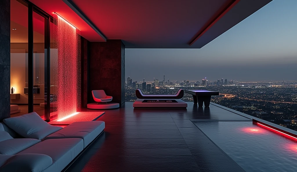 Interior Night time photo of The living room of an ultra modern penthouse suite with a skyline view in a luxury Beverly Hills hotel. The seating room features a clean minimalist color palette of black white and grey and sleek ultra modern furniture. There is a bar with a futuristic resin countertop, A pool table, a love seat, a chair, end tables and coffee table The statement element of the room is a transparent dividing wall separating the bedroom from the living room You can see through to the bedroom behind it.. Two panes of glass encase a bubbling waterfall feature that's illuminated by red LED lights the water from water fountain cascades down into a small interior sunken pool. The pool is flush with the floor and also features red LEDs.