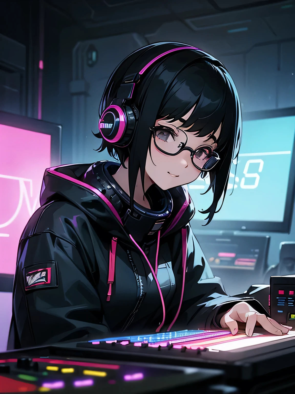 In a cyberpunk-like space、A woman in her late 20s with short black hair and glasses、Put on headphones、DJing alone。The expression looks happy。
