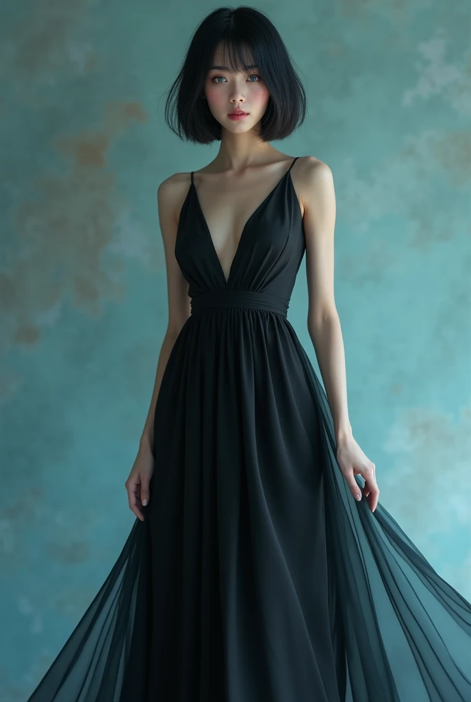 (photorealism:1.2), beautiful woman, cool colors, short straight hair, standing, wearing black long dress, Asian beauty, blue eyes. Mole under right eye