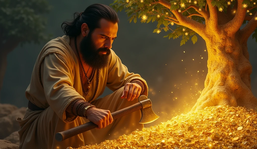 "greedy man named Somesh, wearing plain clothes now surrounded by piles of gold and jewels, looks unsatisfied and greedy. His expression shows intense desire as he gazes at the tree. He holds an axe in his hand, preparing to chop down the tree. The tree still glows but has a subtle sense of foreboding, as if it senses the danger."