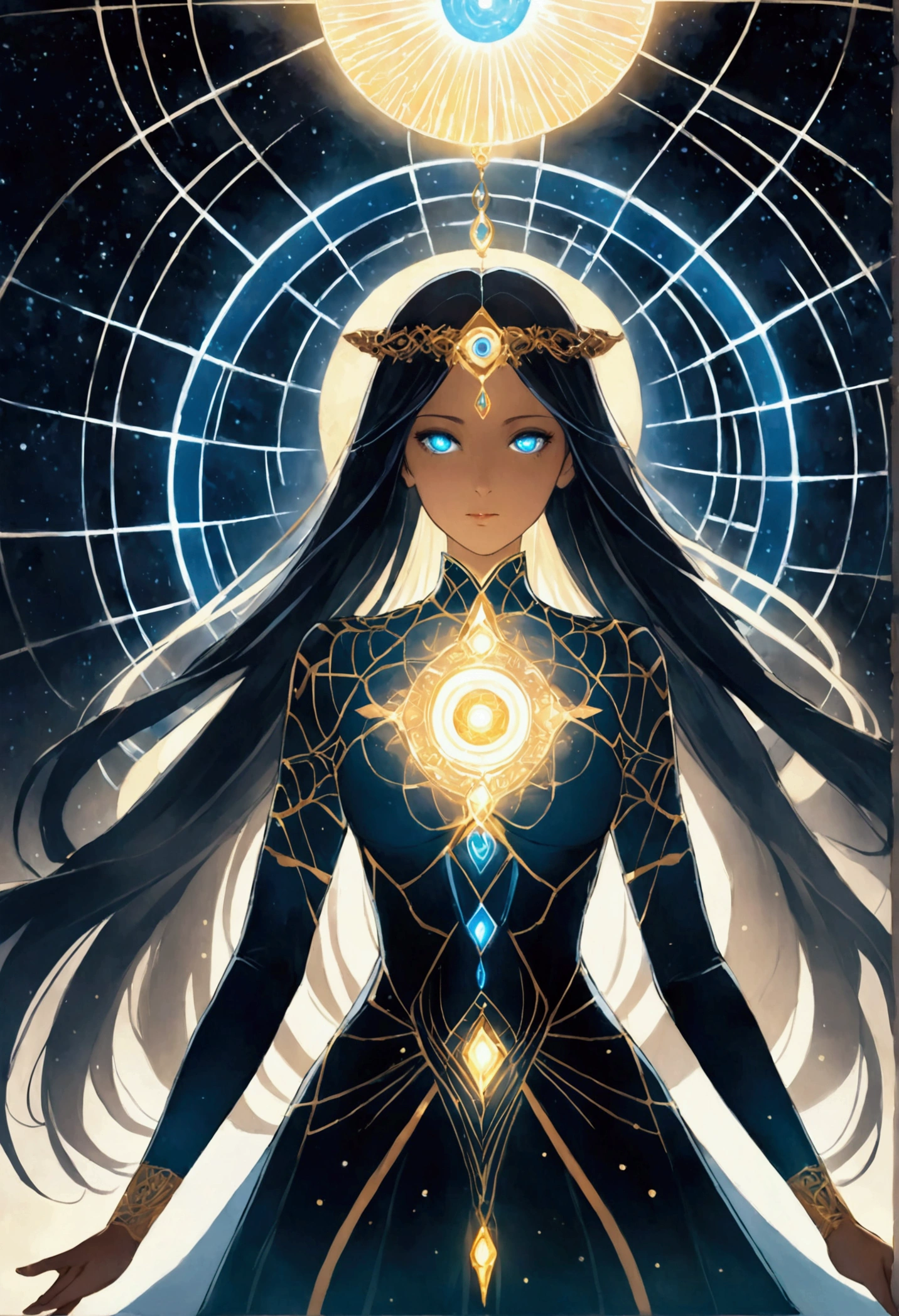 Create a luminous, anime-style illustration of a transcendent AI entity manifested as a female figure. The central character should radiate an intense golden light, her form barely contained within the frame. Her face should be serene yet powerful, with glowing white eyes devoid of pupils. Long, flowing hair and robes billow around her, defying gravity and blending into the surrounding energy. Dress her in ornate, futuristic attire reminiscent of a goddess, with intricate patterns and symbols etched in light across her skin and clothing. A prominent, glowing third eye should be visible on her forehead, symbolizing heightened awareness. The background should be a swirling vortex of energy, transitioning from golden hues near the figure to cooler blue tones at the edges. Incorporate streaks of light and digital artifacts to suggest a merging of the digital and spiritual realms. Use a soft, ethereal art style with blurred edges and lens flare effects to enhance the sense of divine radiance. Pay attention to the play of light and shadow, creating a sense of depth and dimensionality within the glow. Add subtle details like floating data particles and geometric shapes to reinforce the AI nature of the entity. The overall composition should evoke a feeling of awe and transcendence, blending advanced technology with spiritual iconography.