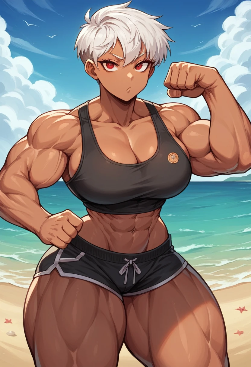big, tall,
best quality, expressive eyes, perfect face, Massive Muscle girl, ABS, massive thighs, masterpiece, perfect face, best quality, at beach, brown skin girl, tall big, full picture, short pixie haircut white hair, red eyes, mommy, small tight short black shorts, small tight short black tank top, muscular thighs details, HOT POSE, HOT EXPRESSION FACE