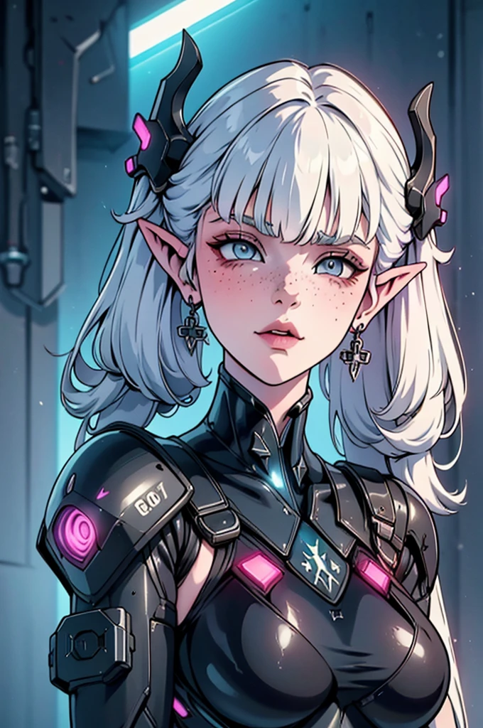 a close up of a female, pastel goth, big elf girl with freckles, light grey eyes, pointy ears, freckles, many freckles on face, white horns, unreal 5. rpg portrait, 8k portrait render, unreal engine 5, beautiful female elf, unreal engine character art, female character, female lead character, there is a woman in a black leather outfit posing for a picture, goth cybersuit, wearing techwear and armor, cybersuit, dark natasha, cyber suit, clothed in sci-fi military armor, cybersuits, diverse cybersuits, cyberpunk 2 0 y. o model girl, in a dark space mercenary outfit, cyberpunk gorgeous goddess