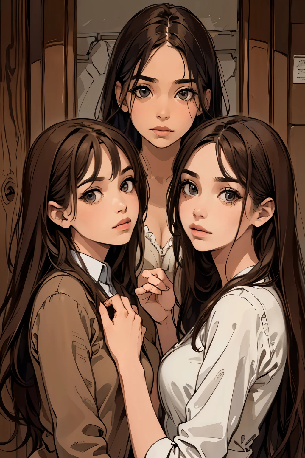( Absurdly , High quality , ultra detailed ) ,( hand detailed ) ,girl with her daughters, very long hair, beautiful ( eye detailed ) ,, elegant, colorful, highest detailed, upper body ,