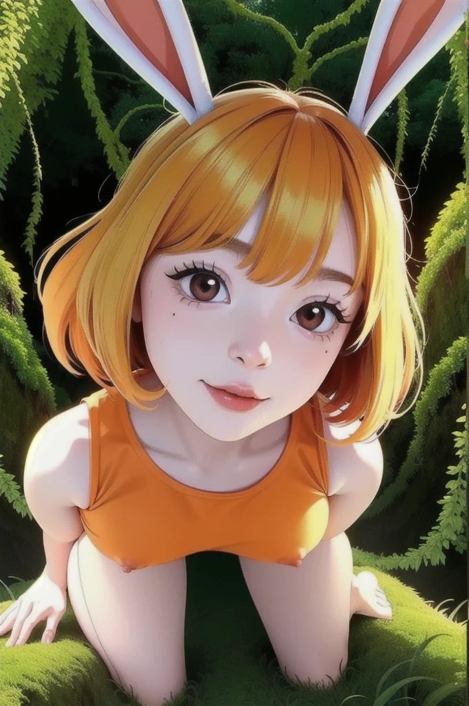 ((small breasts, voluptuous girl)), CarrotChan, 1girl, solo, blonde hair, animal ears, rabbit ears, rabbit girl, furry female, furry, short hair, smile, rabbit tail, (orange dress), brown eyes, ((slim girl, small breasts, animal nose)), ((complex detailed background, grass, jungle, forest, vines, tall big trees, nature environment, close-up, portrait)), ((nsfw)), white fur skin