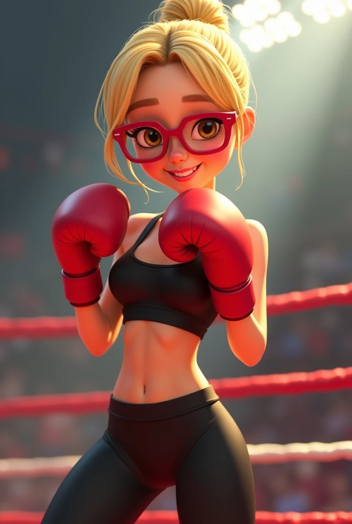Slim blonde maiden with brown eyes, very happy expression, thin face, glasses, armacao quardrada, vermelha, wearing hair tied up, legging preta, boxing glove in fighting stance, on top of the ring. Animation comes to life with AI Pixar