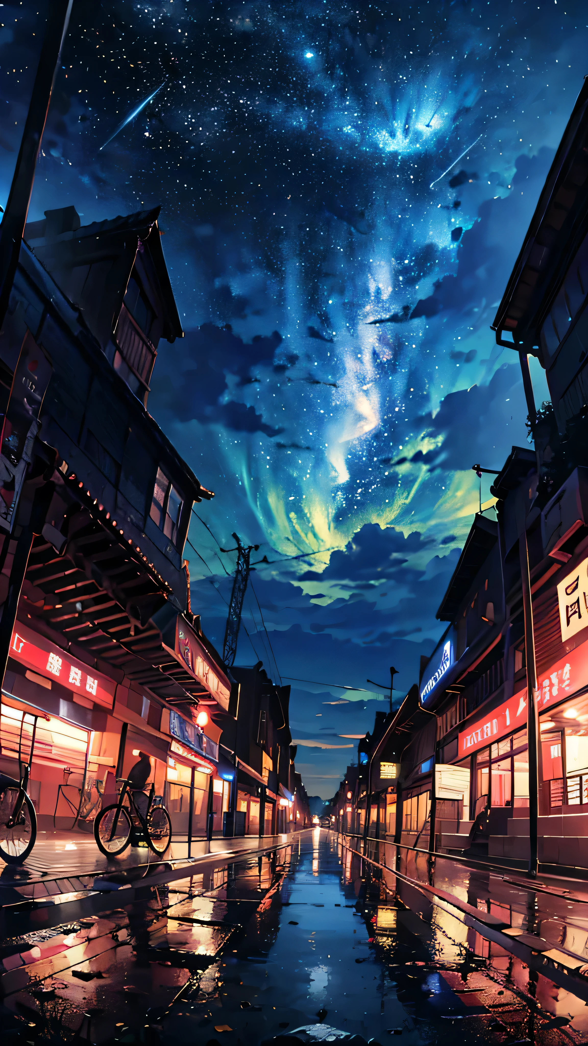 station、home、There is a bicycle parking lot with many bicycles parked.、appear、train、Urban townscape、anime, プラットhome, the stars, , the milky, the stars, the, cosmic skies. by makoto shinkai, anime sky, anime art wallpaper 4 k, anime art wallpaper 4k, anime art wallpaper 8 k, amazing wallpaper, Panorama、Ultra Wide Angle、extensiive、