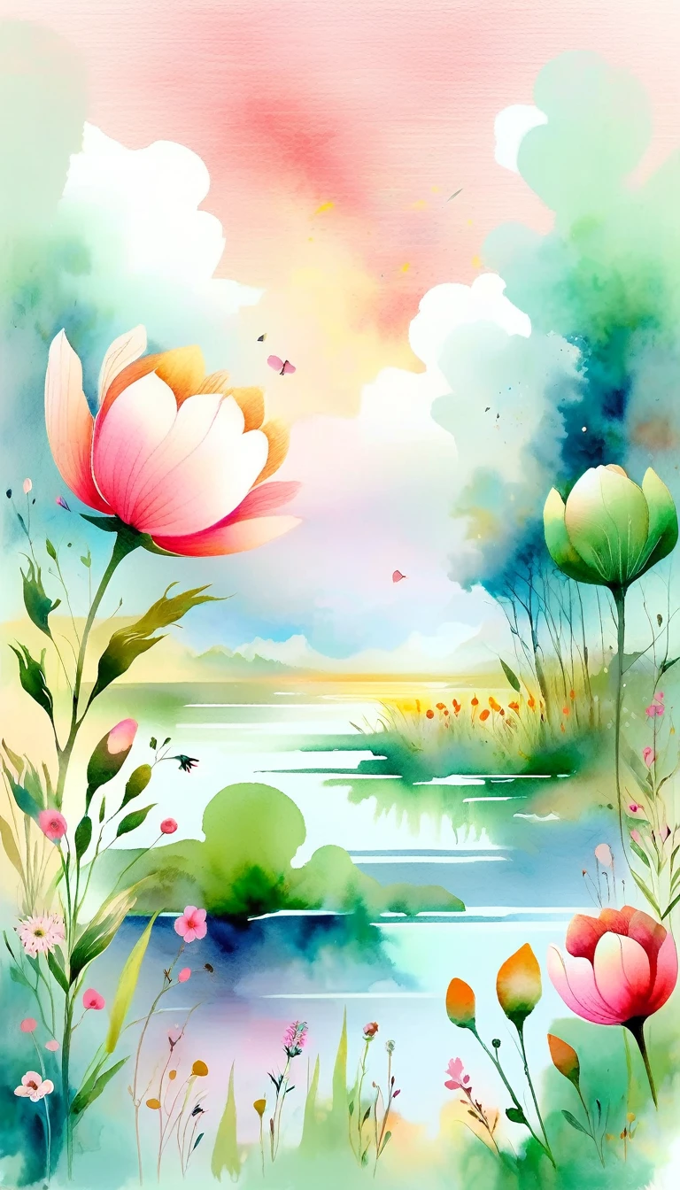 Pastel tones，light style，Comfortable and calm，nature，Warm and comfortable，garden，This watercolor floral painting depicts a beautiful scene of wildflowers and peach blossoms in a field。The screen is dominated by a white background，Highlight the bright colors of flowers。Use splatter technique，Reproduce a humid atmosphere。Abstract composition combined with surreal elements，Create unique visual effects。light tone、Pale pink and light green color scheme，and high-resolution details，Show the vitality and vitality of flowers。The splash effect of ink adds to the dynamic feeling of the picture..。Generally speaking，這幅畫是用light tone繪製的，Presenting a beautiful watercolor flower painting。