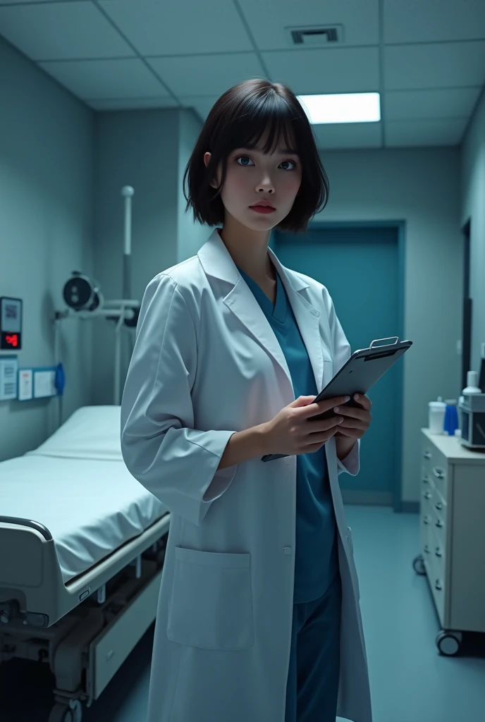 (best quality, photorealistic, ultra detailed) A girl in a hospital room with a clipboard in her hand, she has short black hair, blue eyes, she is wearing a white coat, the room has a stretcher and a heartbeat machine and some drawers, (no deformed fingers) low lighting