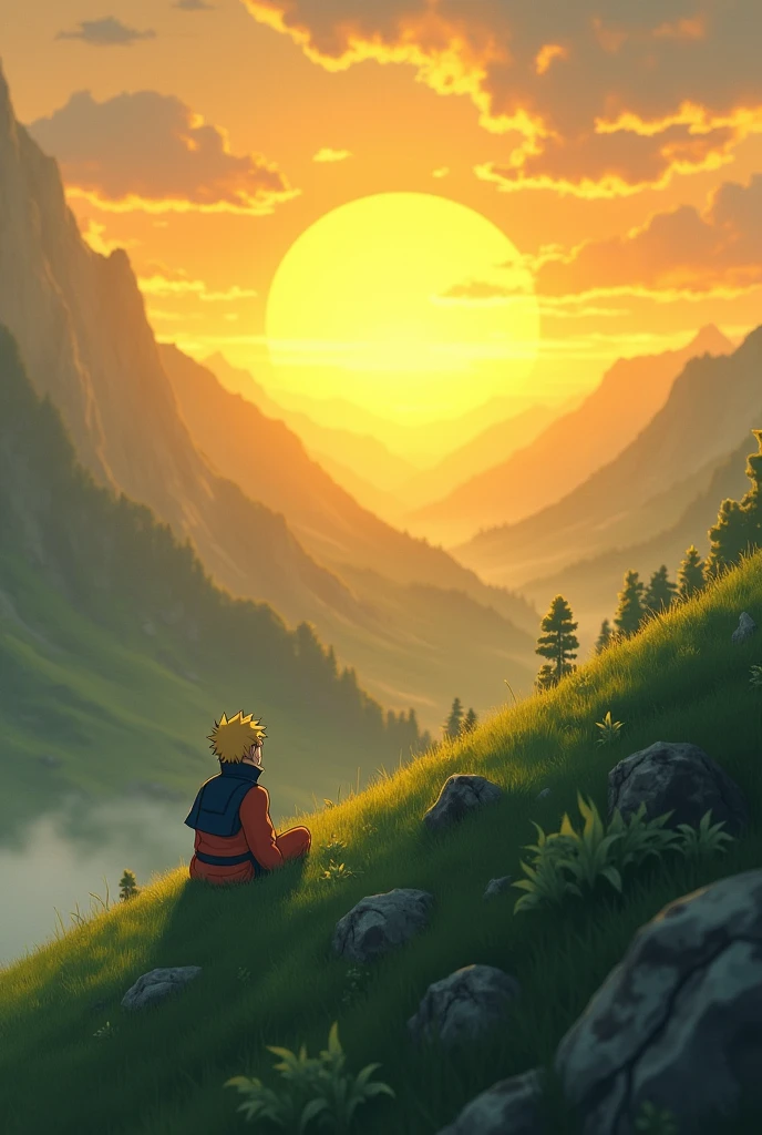 Naruto looking at a yellow sunrise sitting on grass on a mountain slope covered with greenery in rectangle shape for desktop