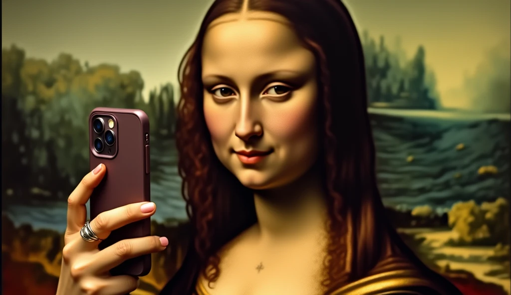 (((young monalisa taking a selfie with her iphone-15))), 500 years ago, High resolution,sharp focus,(ultra detailed,extremely detailed),(((vibrant colors,vibrant theme))),(Intricate),(masterpiece),(Best Quality), cleavage, big breasts, (((it's not a painting))), (((realistic photo)))