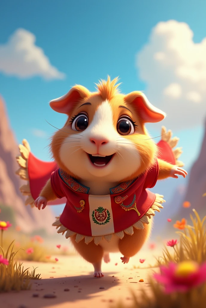 Peruvian guinea pig in animation running with Peruvian flag clothing
