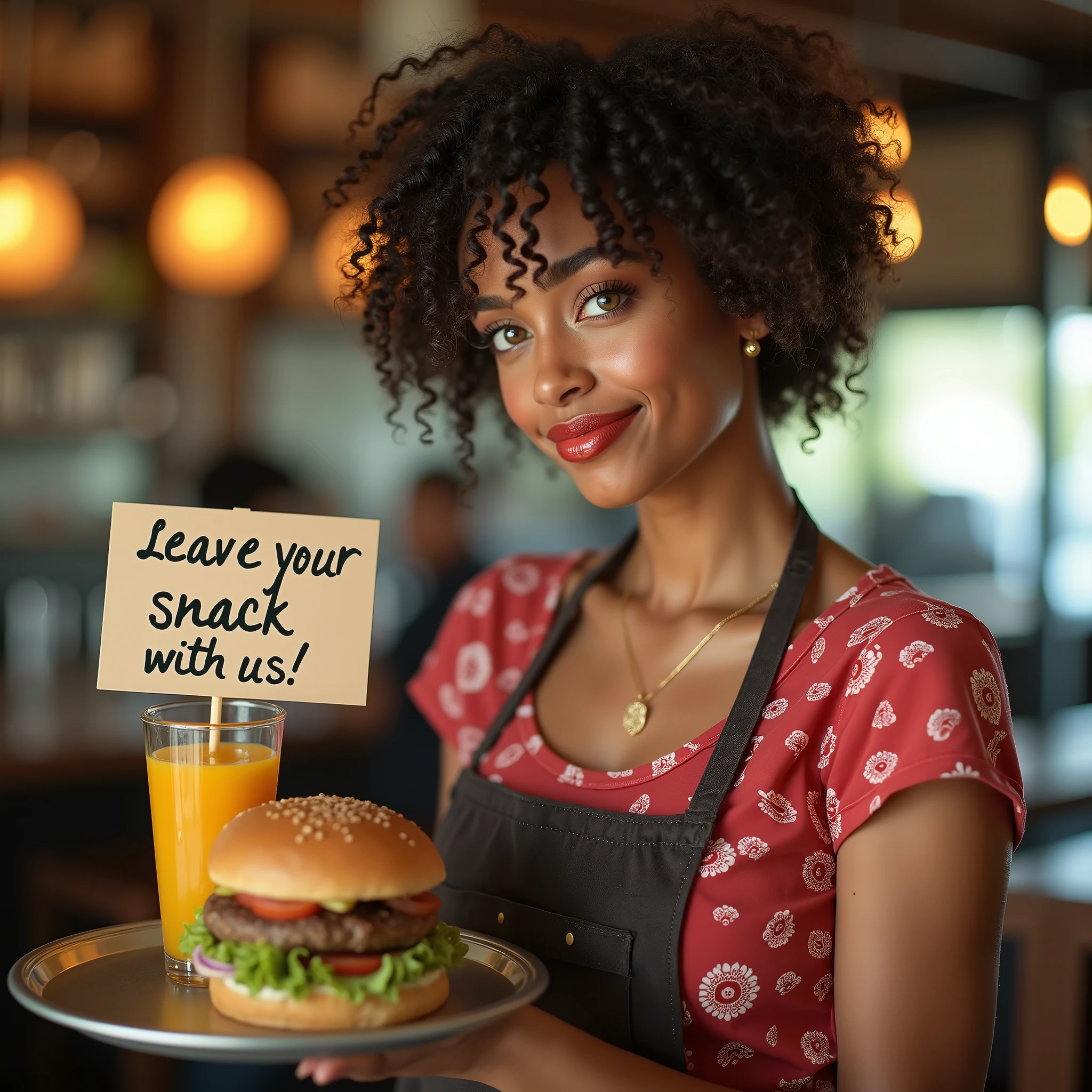 Beautiful cute Brazilian brunette with green eyes, very curly hair, fine nose, very discreet red lipstick, slightly-smile, rounded face, Dressed as a restaurant waitress, with a red bow matching the lipstick above the forehead going around the inside of the hair, with hands in front of him with a tray with hamburger and juice showing it to the camera, it must be positioned to the right of the image, with a creative by your side saying: "Leave YOUR SNACK with US!", blurred restaurant background environment, high quality 4 k, PICTURE REALISTIC, camera 35m