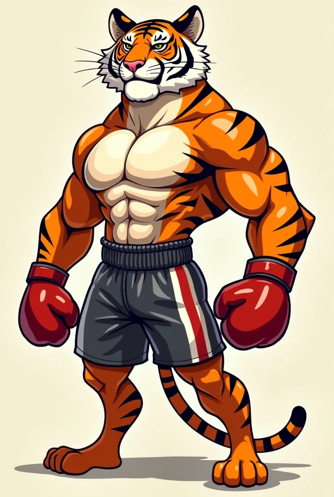 Animation style male tiger wearing transparent shiny thai boxing shorts flat colored simple lines no gradient