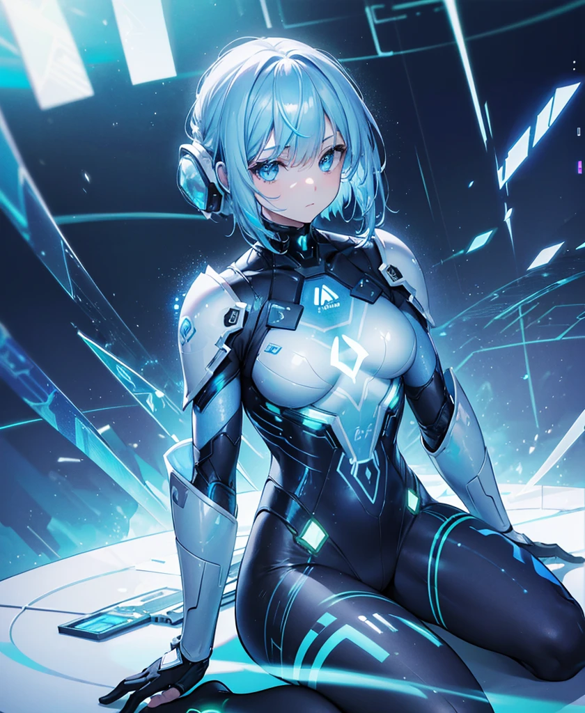 ((Holographic glow effect)),8k, Highest quality, (real:1.4), Original photo, 1 person, Asari Hair, Biological Amplifier, refined armor, posture: Peace talks between warring factions, smart blue eyes,whole body
