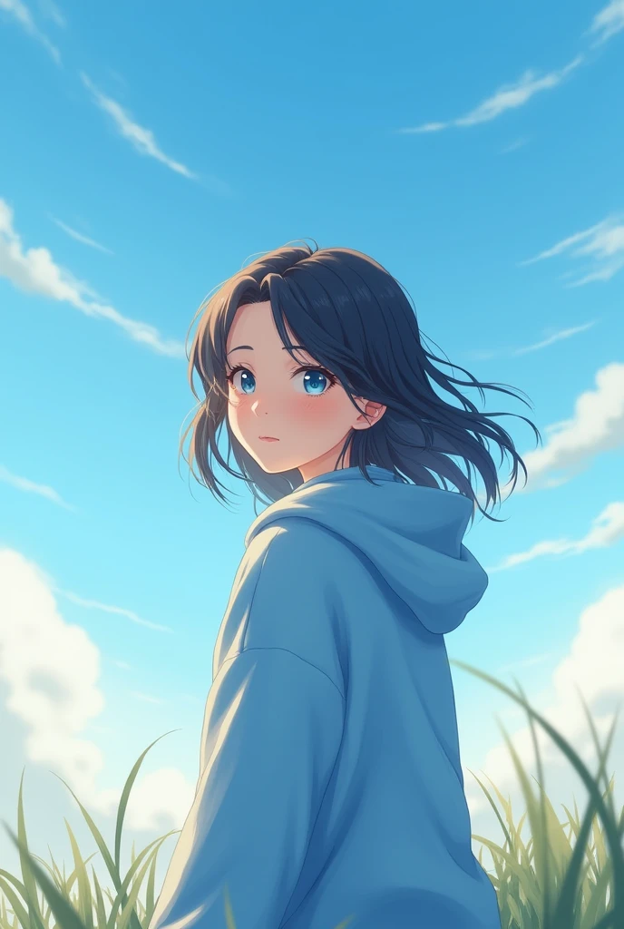 A girl wearing a blue hoodie with a beautiful sky