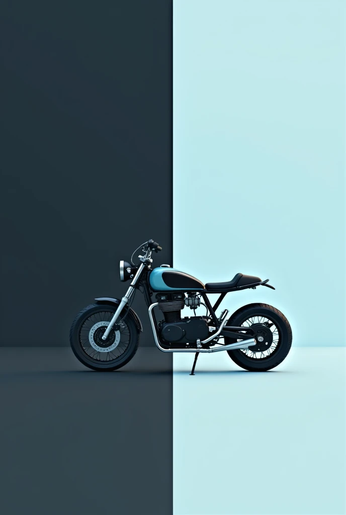 I want an image of a motorcycle in minimalist style, divided vertically into two colors. The motorcycle must be black vintage style with light blue details., and the background should be divided into black on the left and light blue on the right. The illustration must have a flat and simplified design, without realistic details or much relief. Big motorcycle in the center of the image