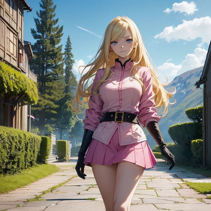 Anime Style, Character Design, HD, Best Quality, Masterpiece, High Details, High resolution, fantasy, carefully detailed, no deformities.
{{(1character: a 22 young woman civilian:(very pale skin, medium straight blonde hair, she stands 1,83 meters tall, voluptuous body complexion, blue eyes, sharp nose, thin lips, medium breasts, nice hips),(pink jacket, yellow t-shirt, blue skirt, black gloves, red belt, black shoes),(relaxed expression, sweet smile closed mouth, having a walk),(afternoon sky, norway fantasy city, city natural park, stone floor, green grass around the foor))}}