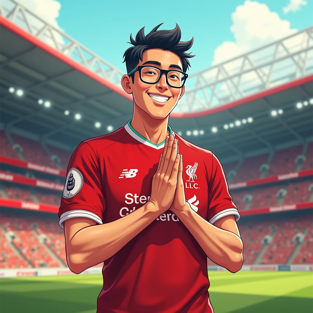A man smiles in a manga style, bows like a Thai person and wears a Liverpool shirt, wears glasses, stands in a cartoon style. High quality dynamic photo, detailed and colorful. Realistic and colorful poses, the background is Andfield Stadium.