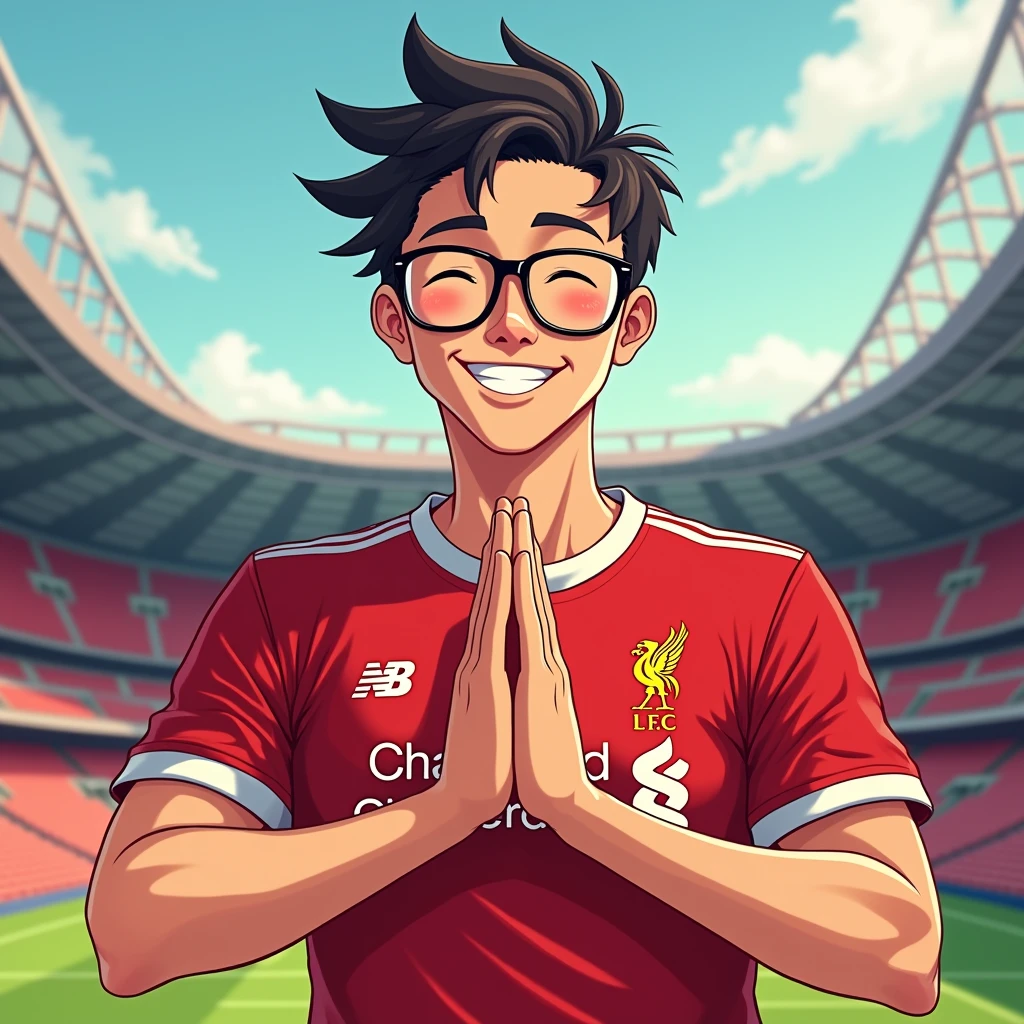 A man smiles in a manga style, bows like a Thai person and wears a Liverpool shirt, wears glasses, stands in a cartoon style. High quality dynamic photo, detailed and colorful. Realistic and colorful poses, the background is Andfield Stadium.