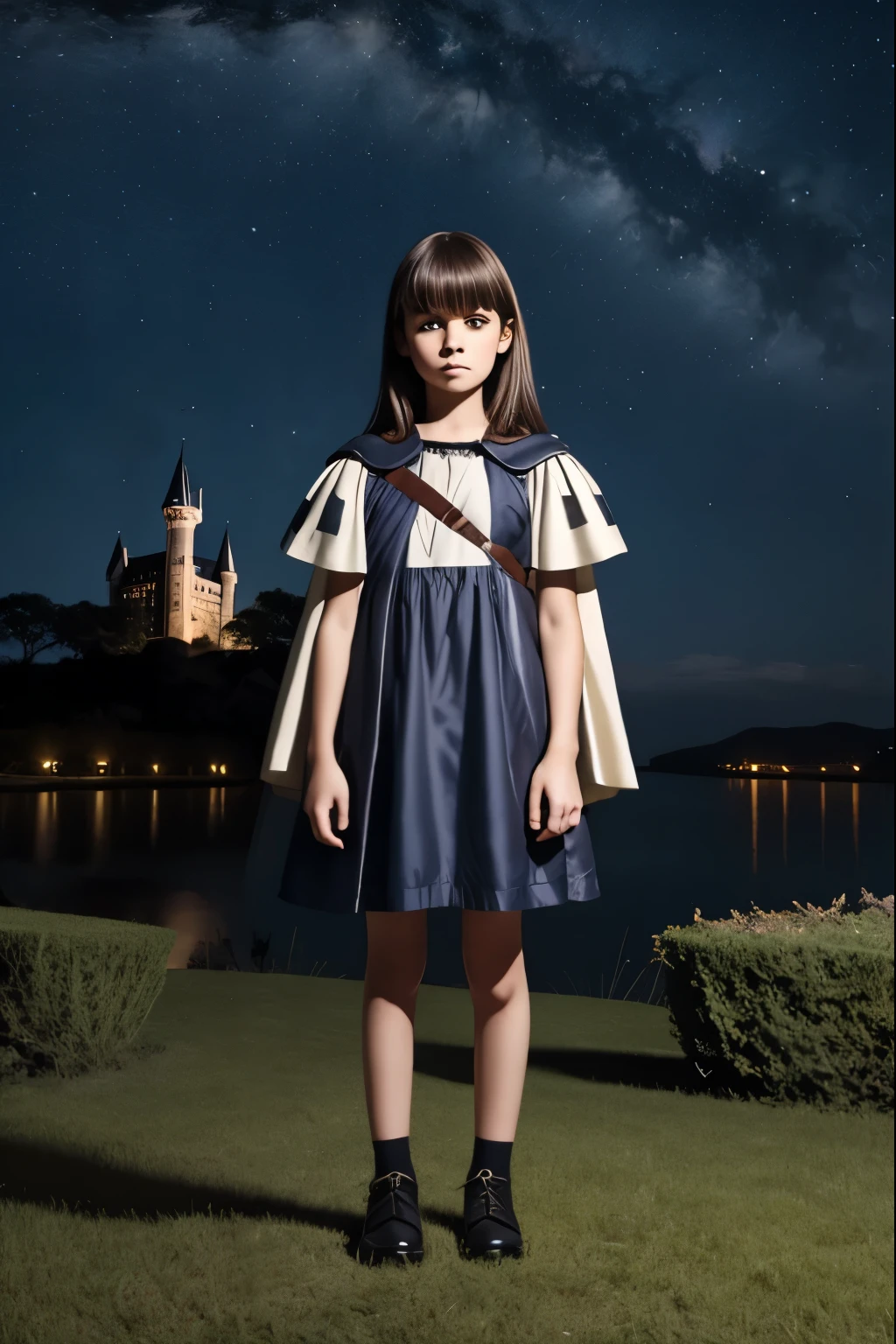 night sky, castle,  1girl, standing, solo, full body, , maribe, puffy short sleeves,  cape, bag