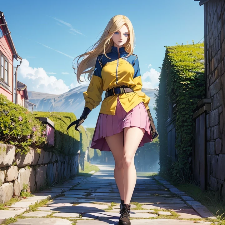 Anime Style, Character Design, HD, Best Quality, Masterpiece, High Details, High resolution, fantasy, carefully detailed, no deformities.
{{(1character: a 22 young woman civilian:(very pale skin, medium straight blonde hair, she stands 1,83 meters tall, voluptuous body complexion, blue eyes, sharp nose, thin lips, medium breasts, nice hips),(pink jacket, yellow t-shirt, blue skirt, black gloves, red belt, black shoes),(relaxed expression, sweet smile closed mouth, having a walk),(afternoon sky, norway fantasy city, city natural park, stone floor, green grass around the foor))}}