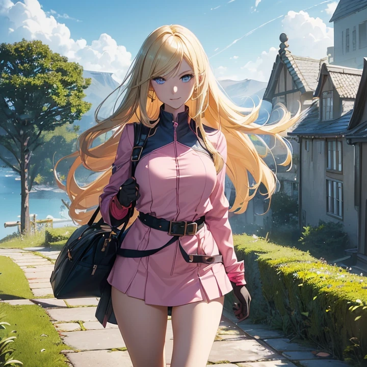 Anime Style, Character Design, HD, Best Quality, Masterpiece, High Details, High resolution, fantasy, carefully detailed, no deformities.
{{(1character: a 22 young woman civilian:(very pale skin, medium straight blonde hair, she stands 1,83 meters tall, voluptuous body complexion, blue eyes, sharp nose, thin lips, medium breasts, nice hips),(pink jacket, yellow t-shirt, blue skirt, black gloves, red belt, black shoes),(relaxed expression, sweet smile closed mouth, having a walk),(afternoon sky, norway fantasy city, city natural park, stone floor, green grass around the foor))}}