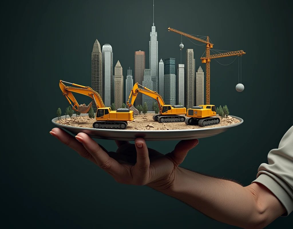 a gigantic hand holding a teetering bar tray, ibar tray is in the balance, miniature skyscrapers, excavators and cranes on the tray, surreal, comical, hyperrealistic, cinematic lighting, highly detailed, photorealistic, 8k, award winning digital art