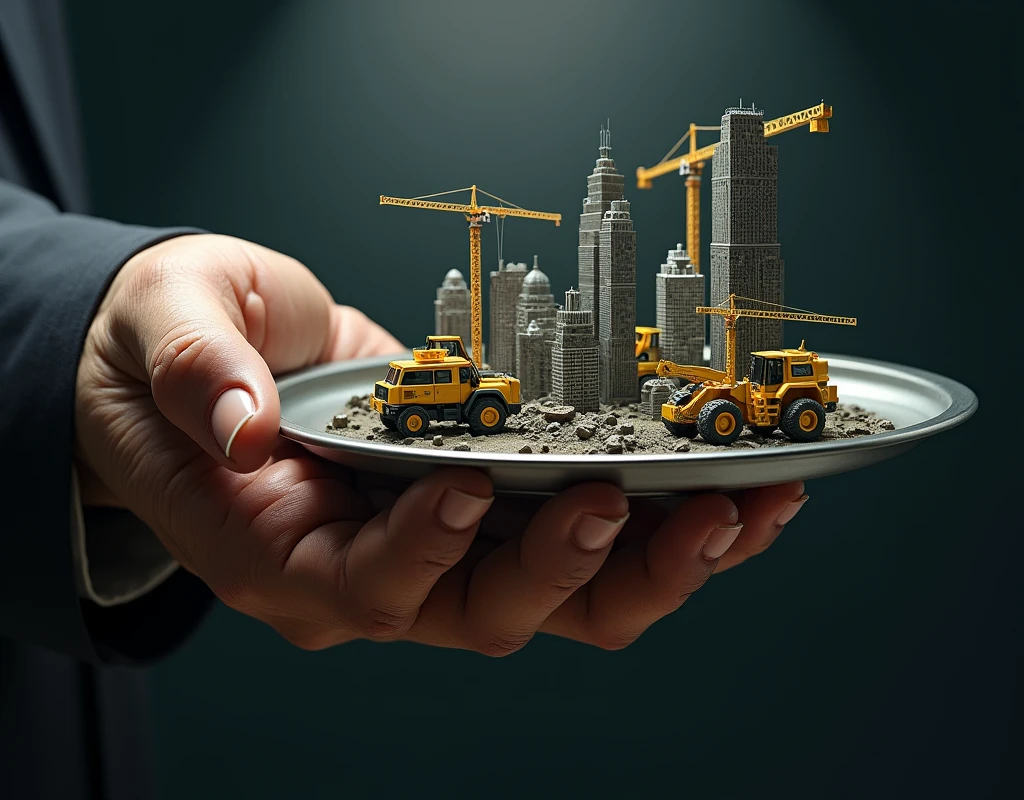 a gigantic hand holding a teetering bar tray, ibar tray is in the balance, miniature skyscrapers, excavators and cranes on the tray, surreal, comical, hyperrealistic, cinematic lighting, highly detailed, photorealistic, 8k, award winning digital art