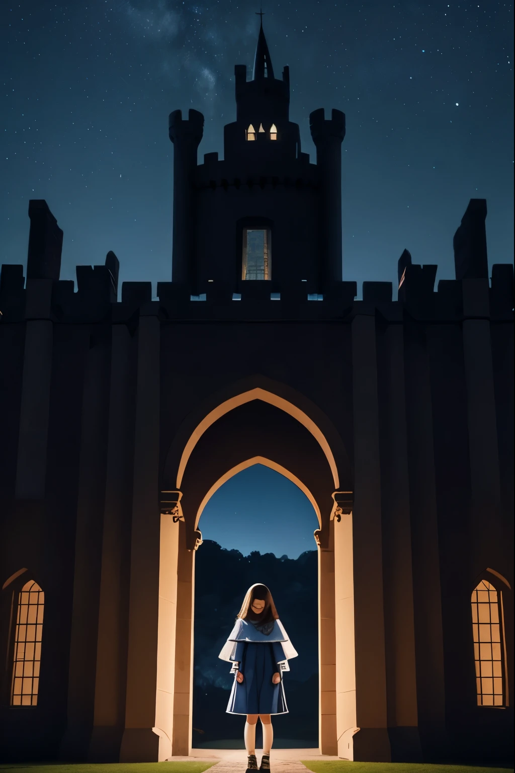 night sky, castle,  1girl, standing, solo, full body, , maribe, puffy short sleeves,  cape, bag