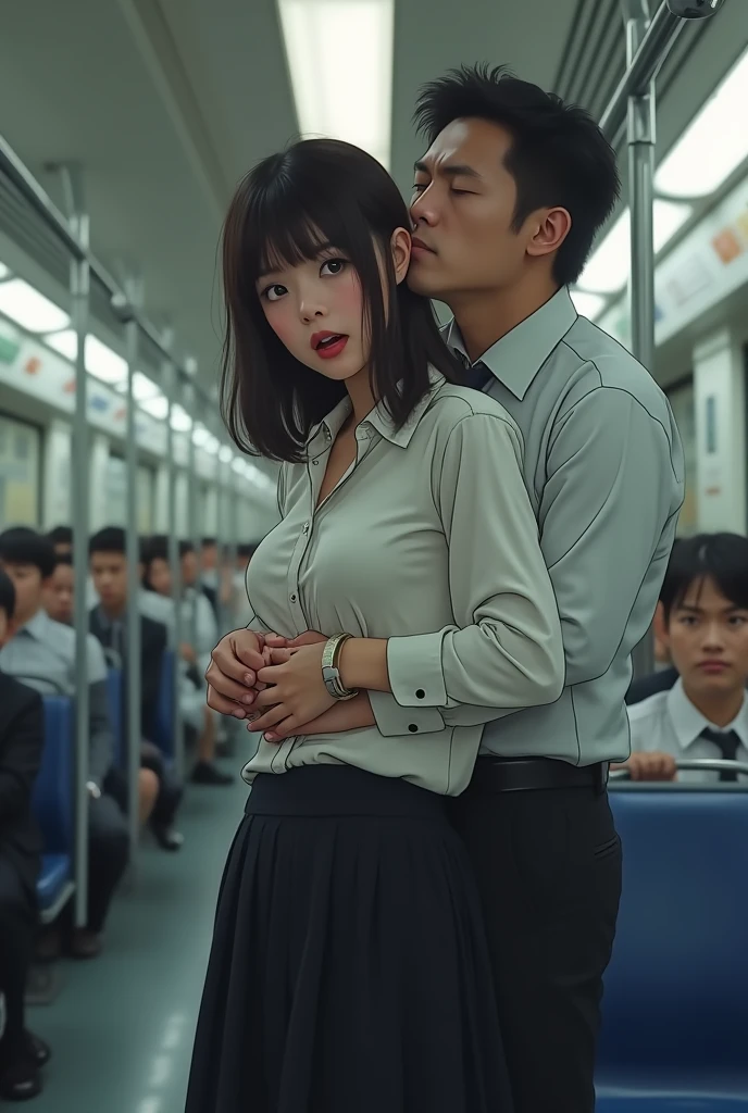 (molestation: 1.5), 1 girl, (full body shot), 1 man, (((office lady being molested: 1.5))), (very beautiful), (beautiful face: 1.5), girl has her hands tied behind her back, girl is crying, (office lady uniform: 1.2), (in a crowded Japanese train: 1.5), man forcefully kisses her, (man takes off her skirt: 1.5), (man hugs her breasts: 1.5), (in SFW: 1.1), (((pussy visible through shirt))), (groans of pain: 1.3), (ecstasy: 1.5),
