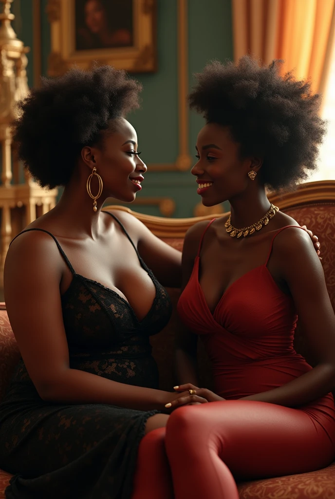 Generate an image of a dark black beautiful lady with Afro with a big stomach sitting with a dark black beautiful lady with flat stomach talking in a couch in a luxurious setting
