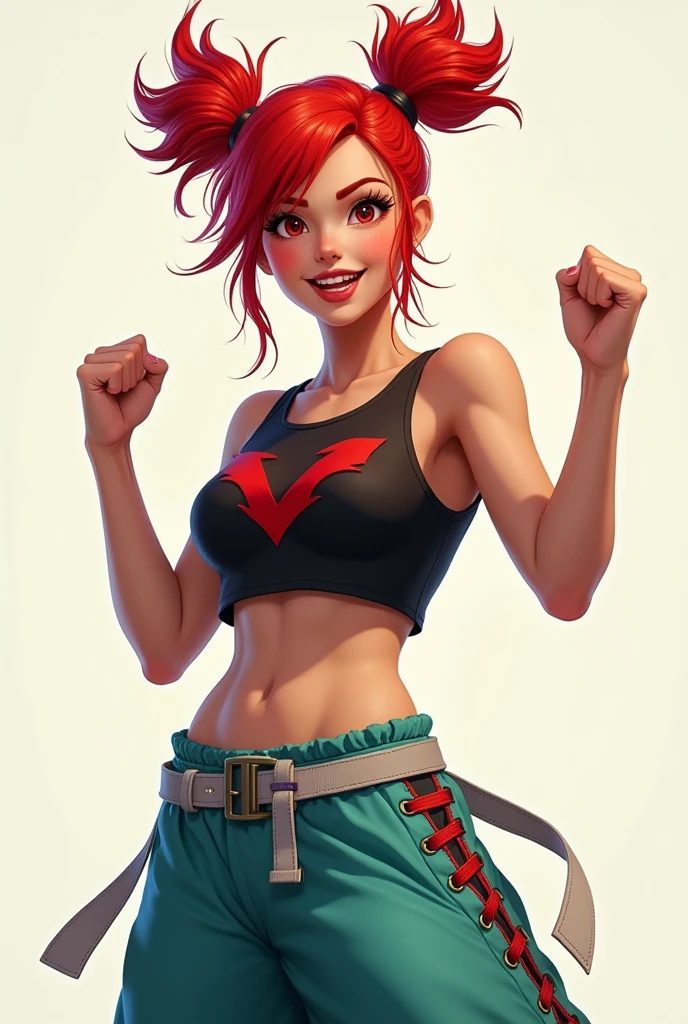 realistic image of a young woman with a vibrant and energetic pose. She has spiky, bright red hair styled in high ponytails that give her a dynamic look. She wears a black cropped top with a red design on it, revealing her midriff. Her pants are loose and teal, with red laces on the sides near the bottom, giving them a distinct, stylish appearance. Around her waist, she has a light grey belt that hangs down, adding to her adventurous and active persona. Her expression is confident and excited, suggesting she is ready for action or a challenge.