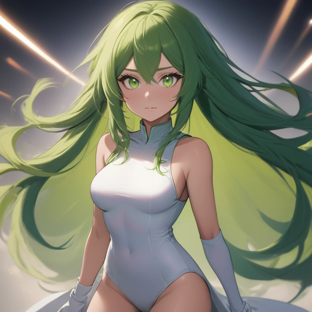 (A feminine character),(girl1),(woman1)(Breakdomain style 2d anime),,(Solo portrait of a girl:1,5),(slender body),(structured),(hot),(mature and sexual body),(big ass), (mature and sexual body ), (slender body), (physical attributes such as large breasts and ass), (Breakdomain),(white skin color), (super mega hyper gigantic breasts: 1.5), (with long green hair), (green eyes ),(an 1 woman, with white socks),(wearing),+,(and a sexy dress, dressed in a heroine costume consisting of a white sleeveless jumpsuit w