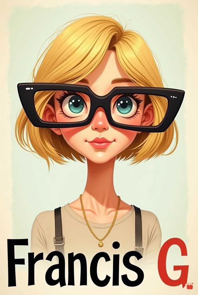 Short blonde woman with very long glasses and a text where her name appears called Francis G 

