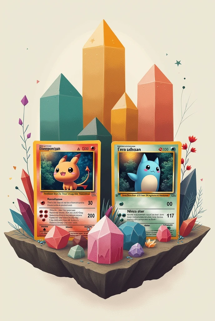 Minimalist art from Peru with Pokémon cards and crystals